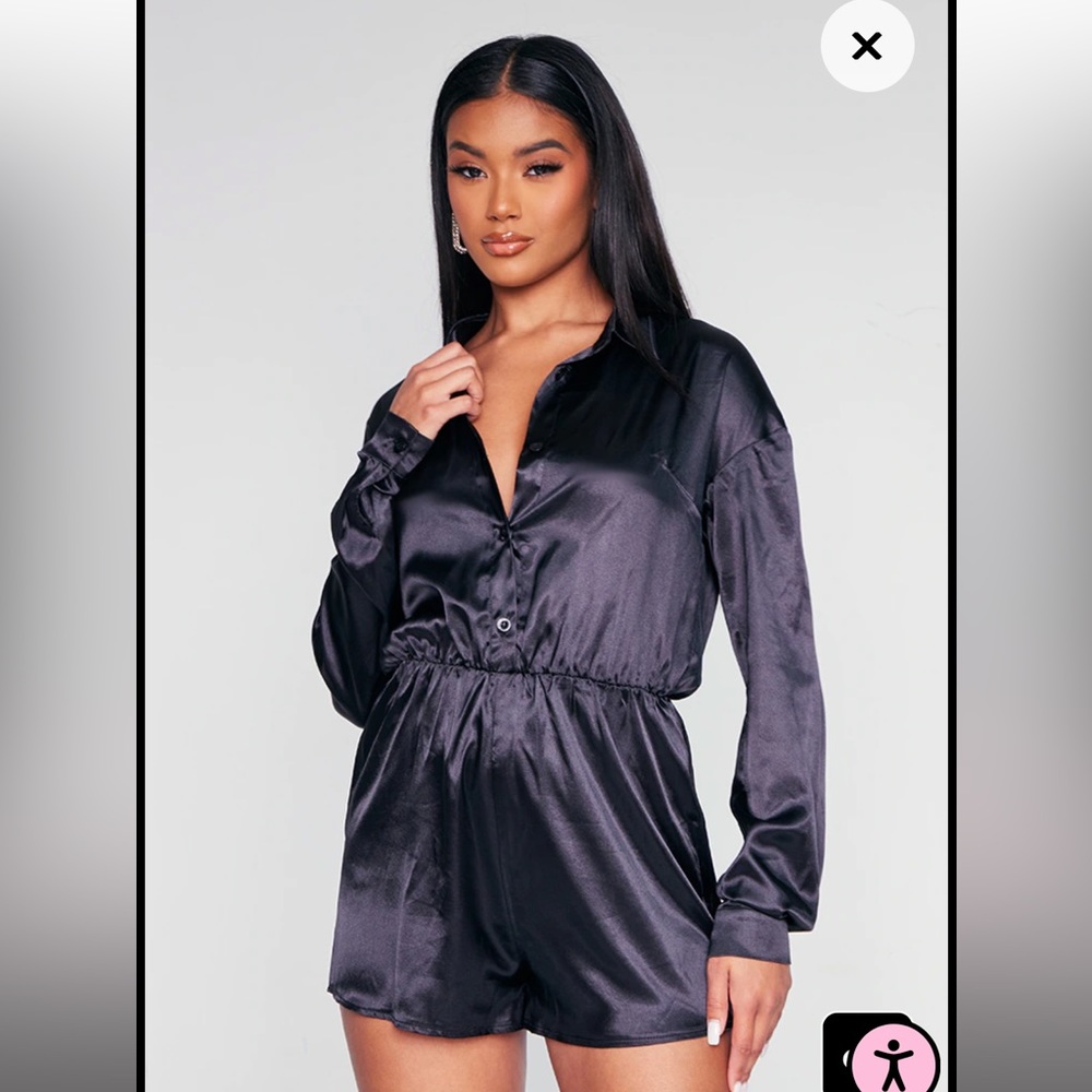 PrettyLittleThing Black Satin Playsuit